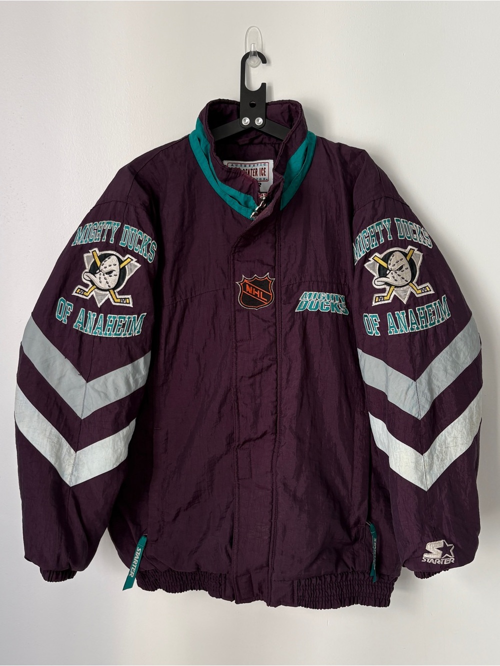 STARTER Purple Anaheim Mighty Ducks Bomber Jacket with Teal Trim